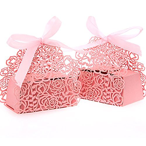 Tinksky 25 Pack Roses Flowers Laser Cut Favor Anniversary Gifts Candy Box Bridal Shower Wedding Party Favors (Pink)