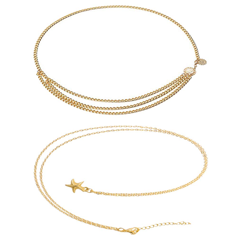 Amasawa 2 Pieces Women Trendy Modern Classic Multi-Layer Link Zinc Alloy Waist Chain Belt, Retro Alloy Body Chain Waistband for Young Women, Fashion-Conscious, Casual Wear Enthusiasts