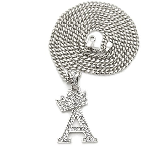 Unisex Small Size Pave Crown Tilted Initial Alphabet Letter A Pendant Various Chain Necklace in Silver Tone (Silver - 3mm 24