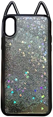 iTrade Black Glitter Flows Floating Quicksand Bling Sparkle Adorable Lovely Cute Cat Ear Phone Case Compatible with iPhone X/iPhone Xs