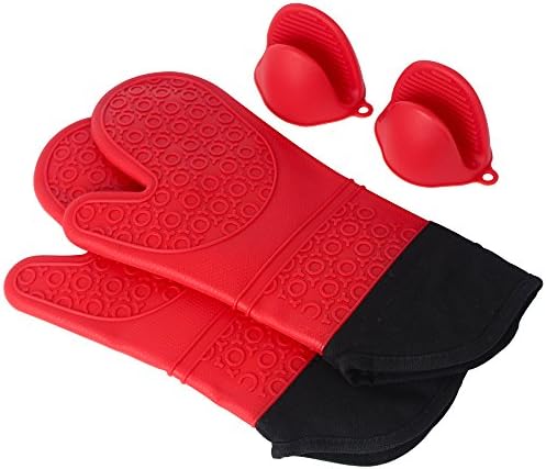 Silicone Oven Mitts 1 Pair of Quilted Cotton Lining - Heat Resistant Kitchen Gloves,Matching Mini Oven Mitts（Red, 2 Pair） (X)