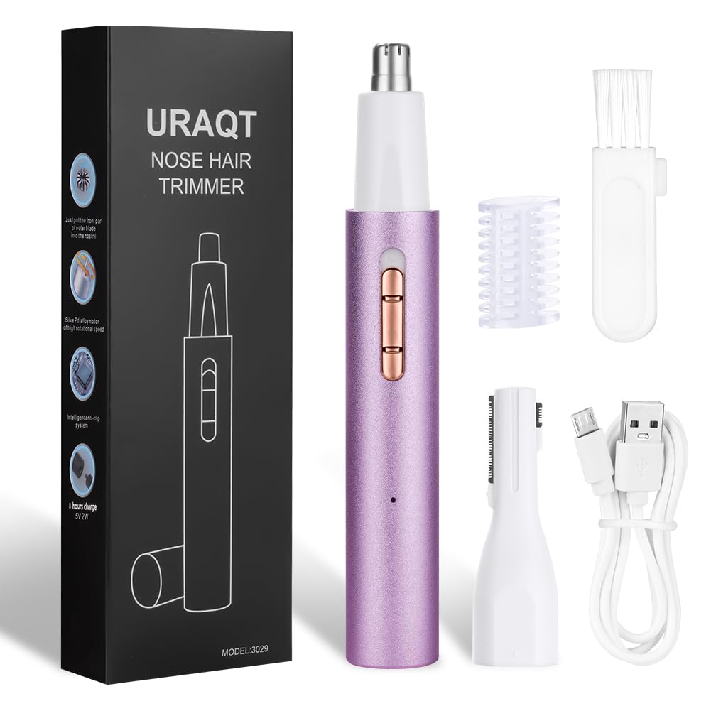 URAQT 2 in 1 USB Rechargeable Ear and Nose Hair Trimmer, Professional Painless Clipper, Waterproof Dual Edge Blades, Purple