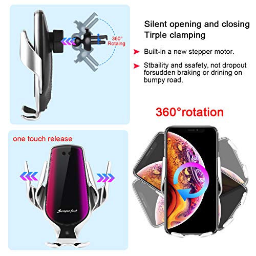 Smart Sensor Wireless Car Charger Mount, Automatic Clamping QC/QI 10W Fast Charging Car Charger Holder Compatible with iPhone 11/Xs/Xs Max/XR/X /8,Samsung Galaxy Note 9/ S9/ S9+/ S8 etc(Silver) - Thumbnail 4