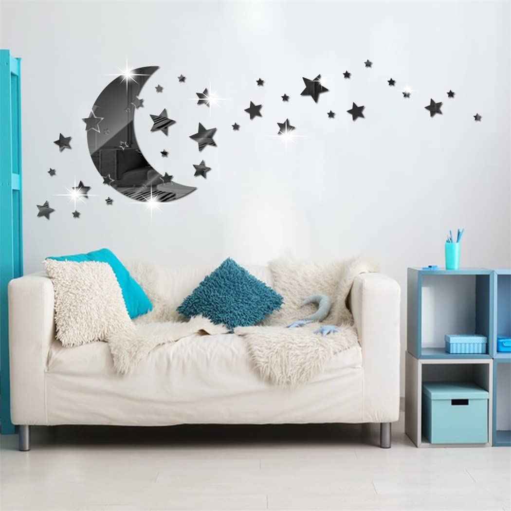 Moon and Stars Mirror Wall Stickers, Removable Acrylic Crescent and 146 PCS Stars Decals, 3D Art Wall Decoration for Baby Kid Bedroom Living Room Ceiling (Black)