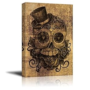 Canvas Print Wall Art - Day of The Dead (Dia De Los Muertos) Themed Skull - Gallery Wrap Modern Home Art | Ready to Hang - 12x18 inches