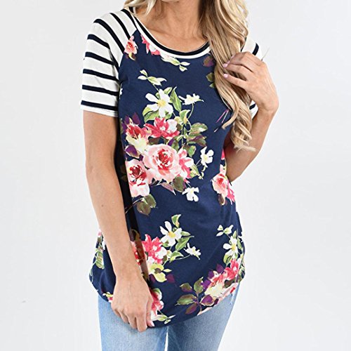 Pengy Clearance Women Short Sleeve Striped Floral Printed Blouse Shirt Tops (S, Blue)