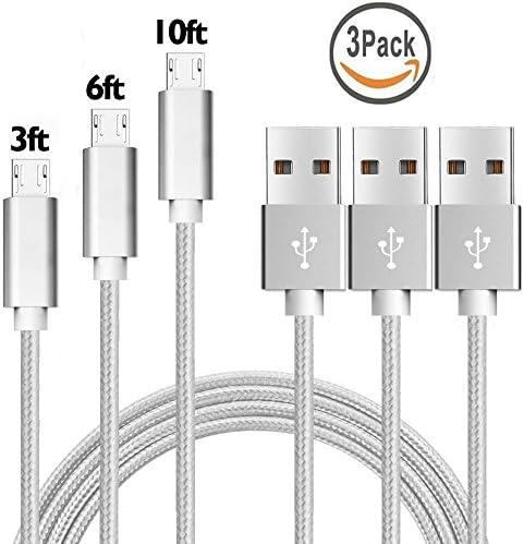 [3FT 6FT 10FT] Nylon Braided USB to USB A cable, High Durability, Tangle-Free Micro USB Cable for Android, Samsung, HTC, Nokia, Sony and many More - Silver