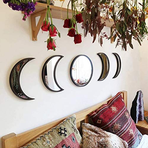 TOPINCN 5Pcs Moon Phase Mirror Set, Acrylic Wall Decorative Mirror Wooden Frame Moon Phase Mirror Home Decor Wall Hanging Mirror for Home Living Room Bedroom Decor (Black)