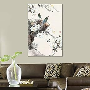 Canvas Wall Art of Blue Birds Almond Blossoms Oriental Style | 12x18 inches