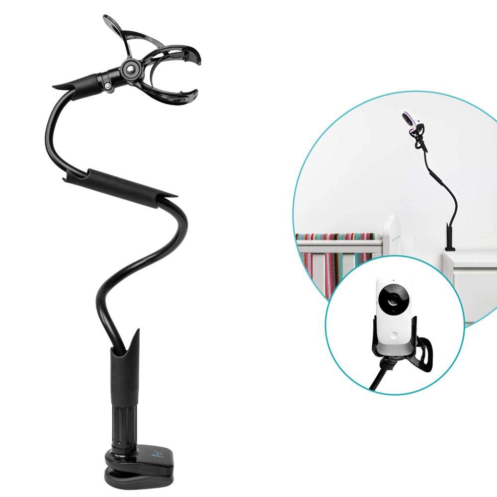 Flexi Twist Black | Universal Baby Monitor Holder | Secure with Straps & Clamp to Furniture | No Drilling Required | Flexible Baby Camera Mount | Baby Monitor Shelf