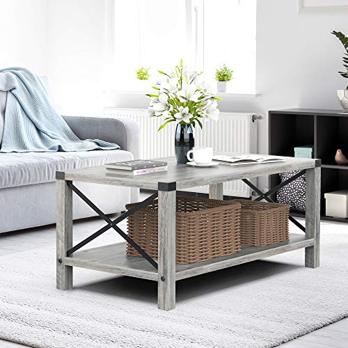 IDEALHOUSE Rectangle Coffee Table 2Tier Farmhouse Coffee Table for Living Room Industrial Wood