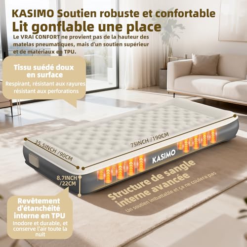 KASIMO Single Inflatable Mattress, Built-in Wireless Electric Pump, TPU Material Inflatable Mattress, Quick Inflating 2 Min, Inflatable Bed 90 x 190 x 22 cm for Camping and Guests