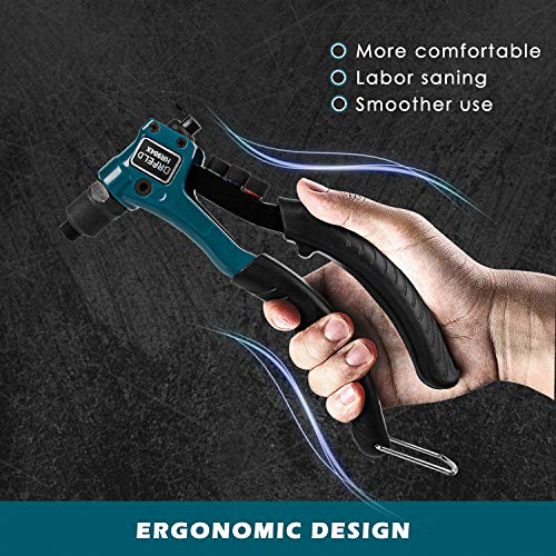 Orfeld Rivet Gun, Single Hand Manual Rivet Gun Kit With 4 Interchangeable Color Coded Heads, 100 Piece Rivets, 4 in 1 Hand Riveter Set for Plastic, Metal, Leather, Large & Small Jobs
