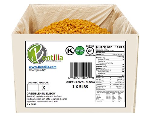 BENTILIA | Gluten Free Green Lentil Pasta | Allergen Free Low Glycemic Index, High Protein, High Fiber Legume Pasta | Large Green Lentil Elbow, Non-GMO, 100% Natural Healthy Pasta | 5lbs Bulk Case |