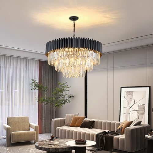KUNYEEE Modern Luxury Crystal Pendant Light, Black Crystal Chandelier, 15xE14 Drop Chandelier Light Recessed Ceiling Light for Dining Room, Φ80cm