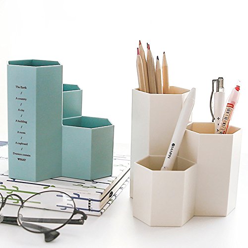 Buyeverything Multipurpose Plastic Pen Holder Cup Stand Pencil Pot Holder Container Organizer Desktop Hexagon Vase Pens,Utensils,Office Supplies Caddy,Multipurpose Cosmetic Brush Storage Box (White)