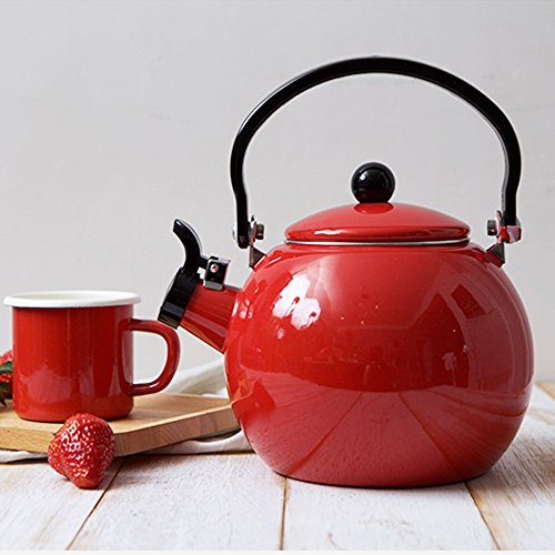 TAMUME 2 Liter Stove Top Red Enamel Tea Kettle Whistling Perfect for