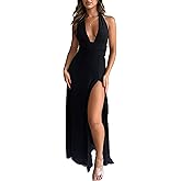Ekaliy Womens Sexy Halter Deep V Neck Maxi Dress Sleeveless Backless Split Long Dress