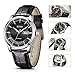 BUREI Men's Luminous Day and Date Automatic Watch with Black Calfskin Band, Silver Bezel Black Dial