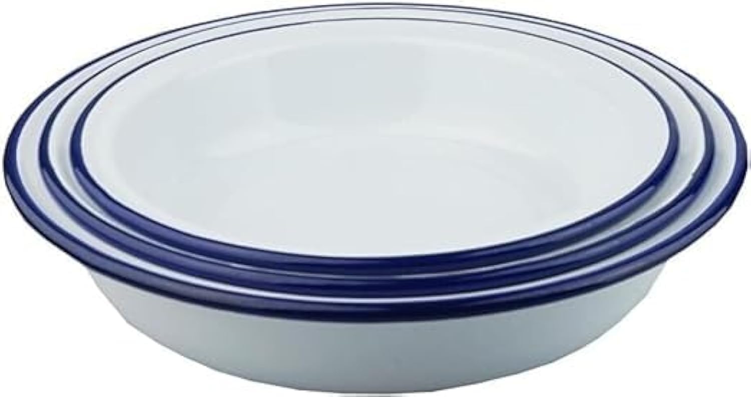 Lucaro 3 Piece Set - Enamel Round 16cm, 20cm, 22cm Pie Dishes White Vintage Design, Suitable for Oven and Stove, Dishwasher Safe, Tray, Tin