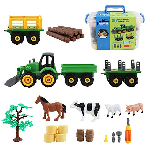 deAO 28-teiliges Bauernhof Spielset mit DIY-auseinanderziehbarem Traktor und Anhängern, manuellem Schraubendreher…