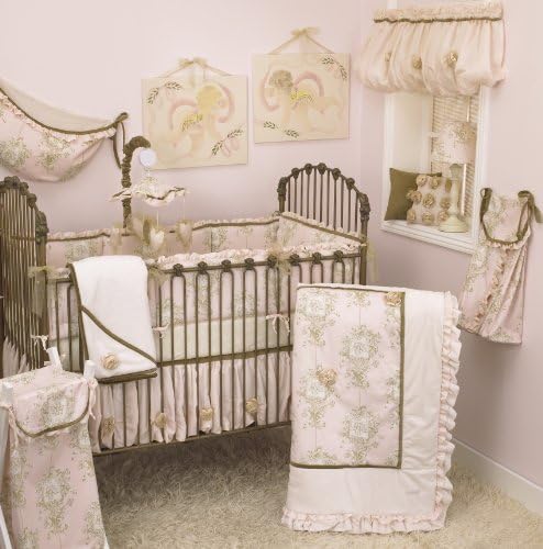 Cotton Tale Designs Lollipops & Roses 8 Piece Nursery Crib Bedding Set - 100% Cotton - Pink Angel Toile, Cream Minky, Tan Velvet Trim, Pink Shimmer Organza Ribbon Roses- Baby Shower Gifts for Girls