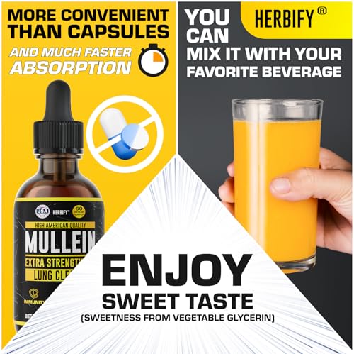 HERBIFY Mullein Drops - Lung Cleanse - Leaf Extract - Powerful Mullein for Immune Support,Detox & Respiratory Support - Made in USA - Lung Cleanse for Smokers - 4 Oz
