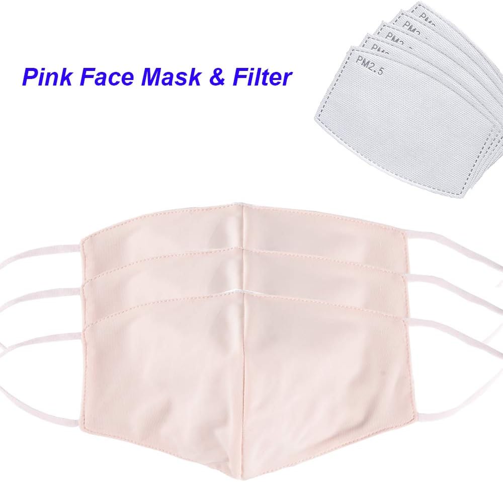 Face Mask with Filter, Reusable Mask for Adult, Protective Mask for Families, Cotton Mask, PM2.5 Activated Carbon Filter Mask, Useful Face Mask, Pink (3pcs Face Masks + 15pcs Mask Filters)
