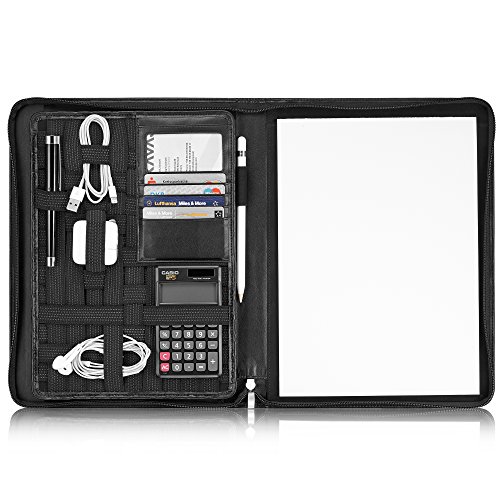 KAVAJ Leather Padfolio New York Black (Size A-4) - Zippered Business Portfolio Resume With Notepad Organizer Travel Folder Case With Notebook Case Folio Binder