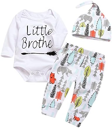 3Pcs Baby Boy Girls Little Brother Arrow Romper Bodysuit+Long Cartoon Animal Pant+Hat Outfit