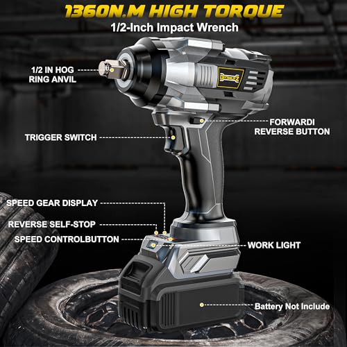 DIYtoolifz 1/2 inch Impact Wrench 1000Ft-lbs(1360N.m) Compatible with DeWalt 20v, Cordless High Torque 1/2'' Impact Driver with 4-Modes, LED Light, Brushless Impact Gun Car/Truck/Mower(Bare Tool)