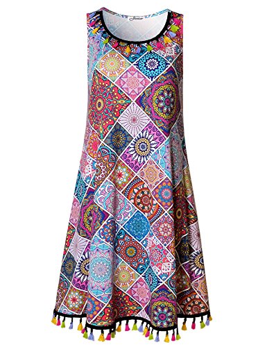 Jxstar Women Bohemian Tassel Ethnic Style Paisley Vintage Printed Sleeveless Shift Dress Multi-Red XL