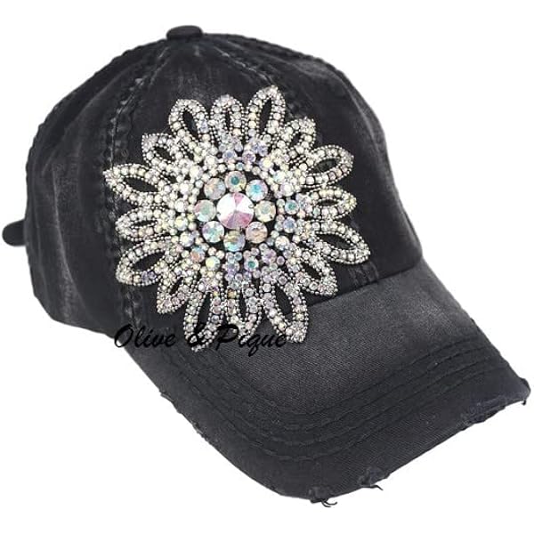 New Custom Designed Black Distressed Baseball Cap with Crystal Abstract Flower. Amazon.com: Besforta Women Bling Rhinestone Baseball Cap  main image 3