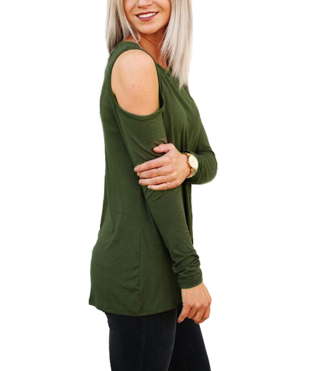 Eanklosco Women\'s Long Sleeve Cold Shoulder Cut Out T Shirts Casual Knot Tunic Tops (Army Green, 2XL)