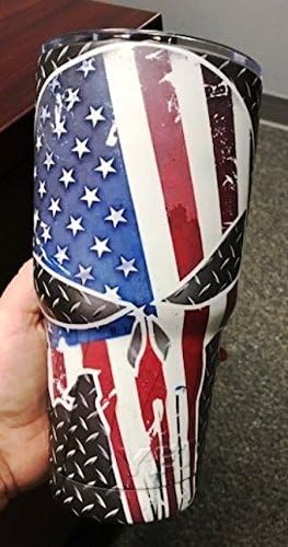 American Flag Punisher Skull 30oz Stainless Steel Rambler Tumbler with Lid Southern Woods Design