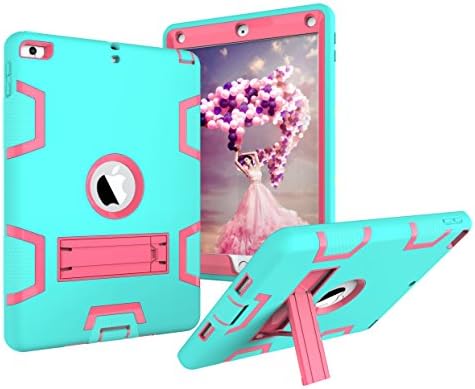 Walle Shop New iPad 9.7 2017 case,Heavy Duty Shockproof Hard PC+Silicone Hybrid High Impact Resistant Armor Defender Full Body Protective Cover for Apple iPad 9.7 2017 Released (teal+rose)