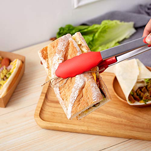 HiramWare Kitchen Tongs Set of 2 - 9 inch & 12 inch - Stainless Steel Food Tongs with Silicone Tips - Premium Locking Non-stick Tongs for Cooking, BBQ, Grilling, Salad - Heavy Duty, BPA Free(Red)