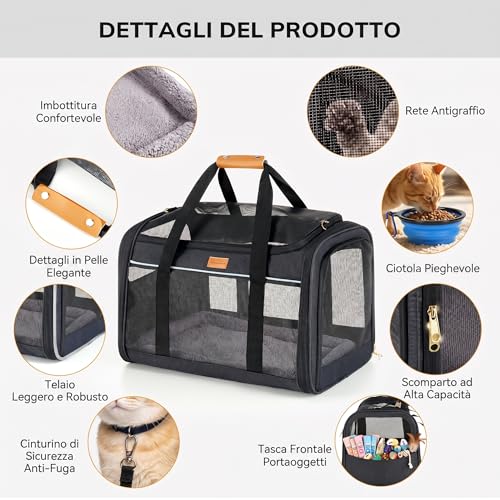 Morpilot Pet Carrier Carrier for Any Size Cats and Puppy Dogs, Maximum Load 12kg, Four-Sided Ventilated Mesh Ideal for Home Use and Travel, Black Gold