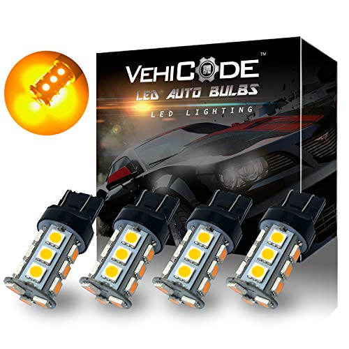 VehiCode Super Bright 800 Lumens 7443 (7440/7441/7444/T20/992/W21W/WY21W) LED Light Bulb (Amber/Yellow) 18-SMD 5050 Dual Function Replacement for Turn Signal, Side Marker Lights (4 Pack)