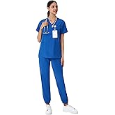 Leaddol Scrubs for Women Set, V-Neck Scrubs Top & Jogger Pants Medical Scrubs Set with 8 Pockets, Yoga Waistband