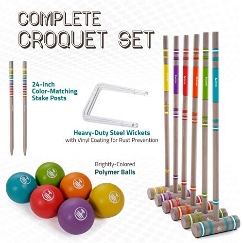 Harvil 6-Player Croquet Set for All Ages with Mallets, Balls, Stake Posts, Wickets, and Carrying Case - Light Gray