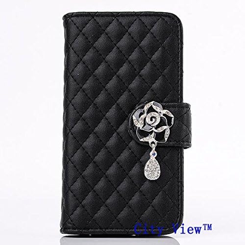 iPhone 6 Case, City View(TM) [Kickstand Feature] iPhone 6 (4.7) Case Wallet [Wallet S] [BLACK] Luxury Crystal Camellias Button With Diamond PU Leather Magnet Wallet Case with STAND Flip Cover and Card Slots + Screen Protector + Stylus for iPhone 6 (4.7) (2014) (C-Black)