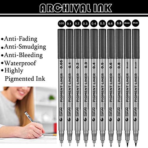 Precision Black Micro-Pen, Fineliner Ink Calligraphy Pens - Waterproof Archival Ink Fine Point Micro Pen, Multiliner - Brush Lettering, Sketching, Technical Drawing, Office Documents, 10Pcs/Set
