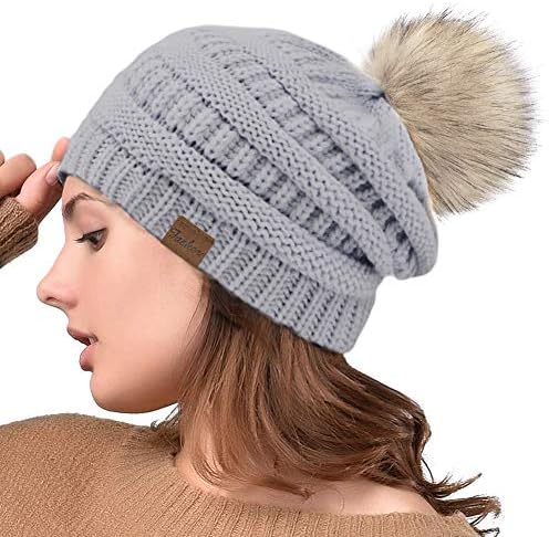 Fasker Women Winter Pom Pom Beanie Hat Warm Cable Knit Slouchy CC Style Hats