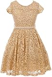 BluNight Collection Big Girls Cap Sleeve Floral Lace Rhinestones Belt Asymmetrical Birthday Flower Girl Dress Gold 14 (2J1K0S2)