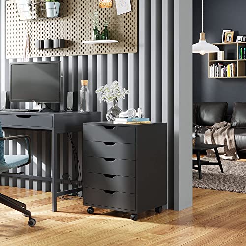 DEVAISE 5Drawer Chest, Wood Storage Dresser with Wheels, Black