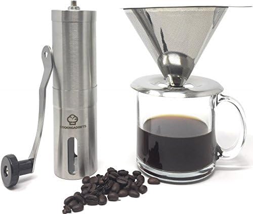 CookinGadgets Manual Coffee Grinder & Pour Over Dripper | Adjustable Conical Ceramic Burr Mill for Precision Brewing | Paperless Reusable Drip Filter Fits Most Cups | Bonus Travel Bag & Cleaning Brush