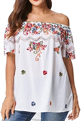 in2you Bohemian Mexican Floral Embroidered Tunic Top with Relaxed Short Ruffled Sleeves (S/M, White Floral)