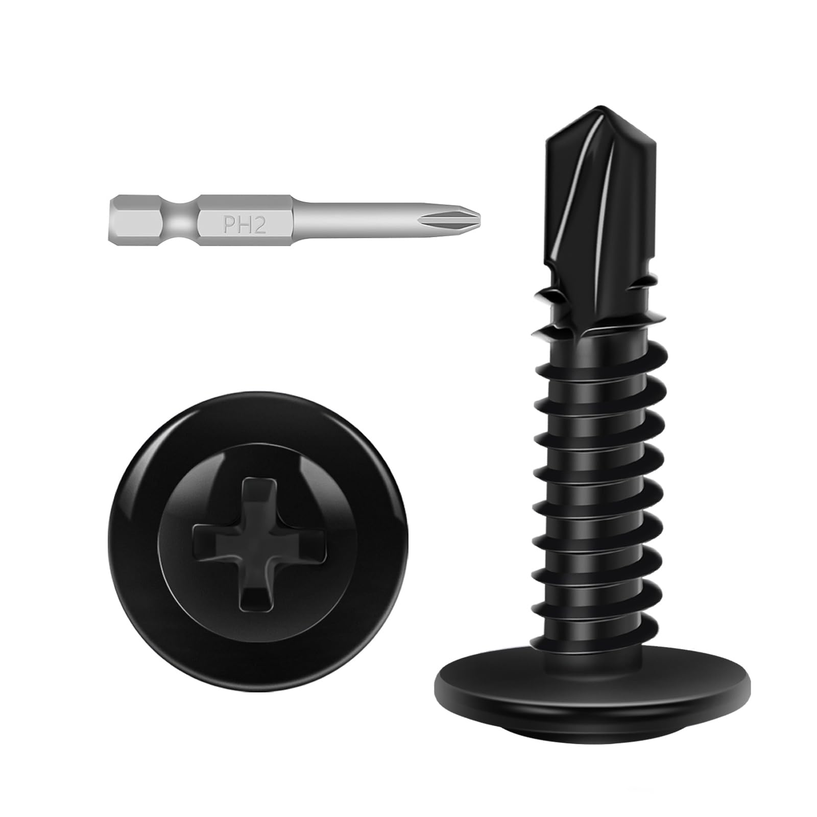 Photo 1 of #10 x 3/4" (150 PCS) Black Fast Self Tapping Sheet Metal Screws, Modified Truss Head Self Drilling Screw, Full Thread, Screwdriver Bit Included
