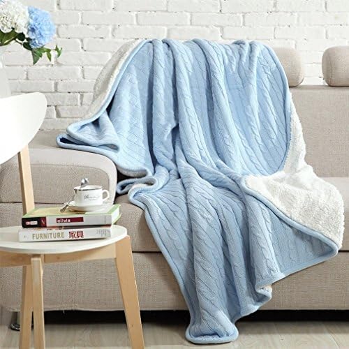 Chunky Knitted Blanket 100% Cotton Thick Warm/Cozy/Soft Plush Fluffy Velvet Cable Couch Cover/ Throw Blanket Multi Color(Azure, 47’’ 71’’)